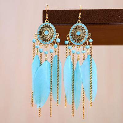 Ethnic Vintage Long Temperament Feather Earrings for Women Elegant Geometric Bead Chain Tassel Earring Boho Female Jewelry