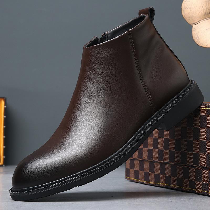 Chelsea boots men's autumn and winter leather velvet short boots British style high-top trendy versatile warm leather boots