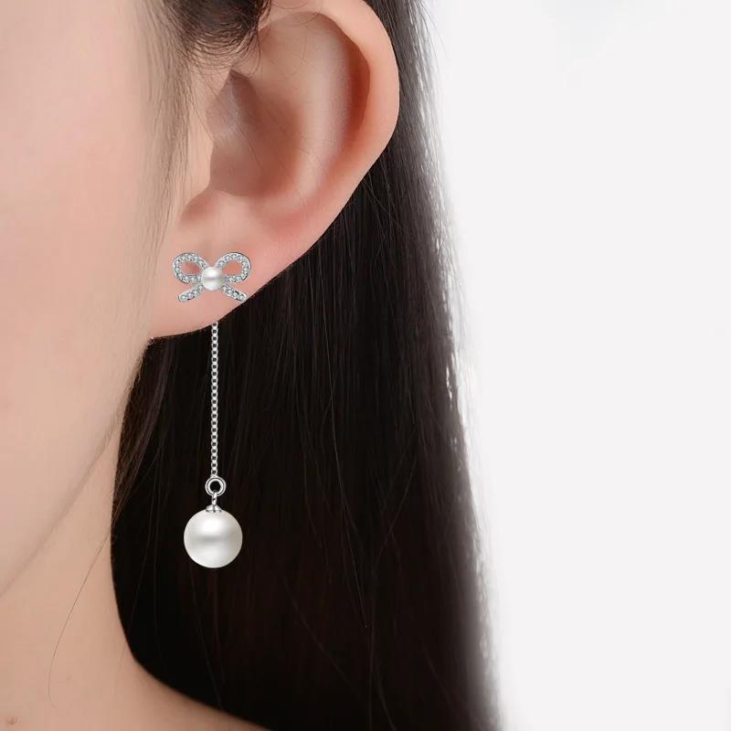 Delicate Genuine 925 Sterling SIlver Needle Sparkling Bow Pearl Earrings Clear Zircon Long Tassel Women Party Luxury Jewelry