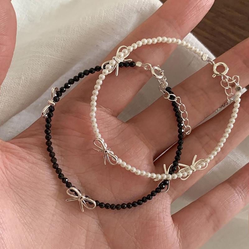 Schwarzes Kristallperlen-Schleifen-Perlenarmband für Damen Mädchen Koreanische Mode Perlenkette Vintage-Armband Ästhetischer Y2K Schmuck