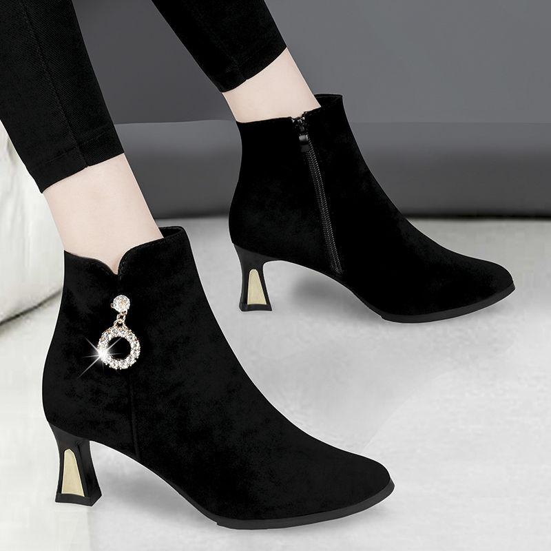Fashion Autumn Winter Black Elegant with Medium Heels Women's Ankle Boots Pointed Toe Suede Warm Booties on Offer Y2k Female Short Shoes