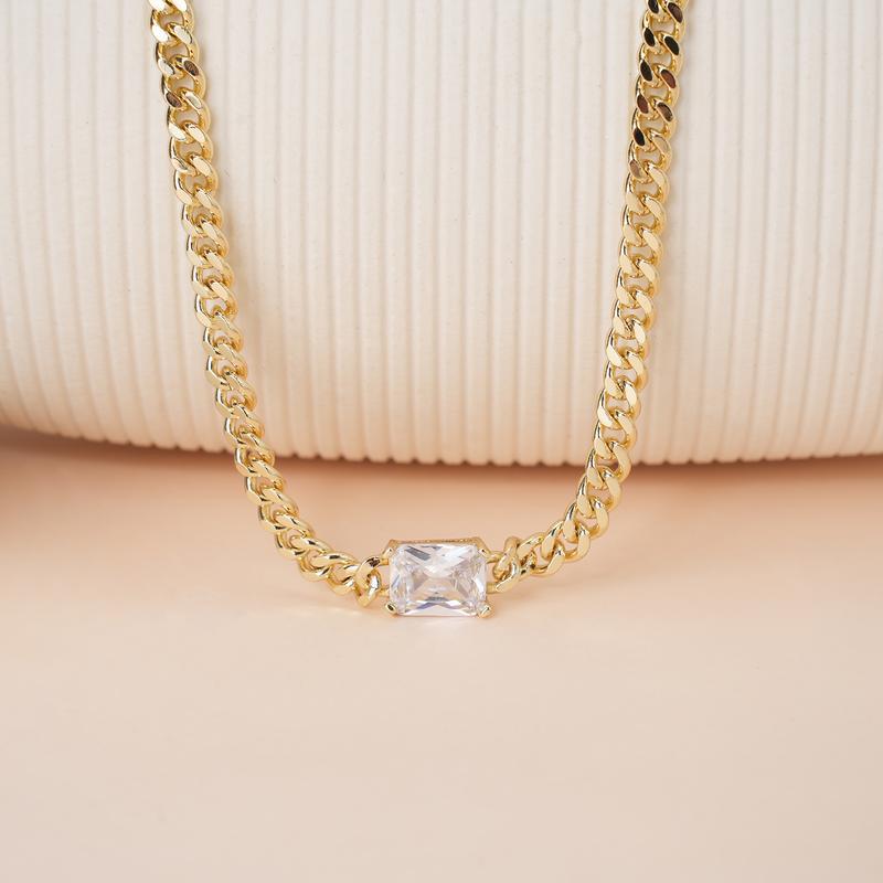 Cubic Zirconia Gold-Plated Cuban Chain Necklace - European American Fashion Statement for Women