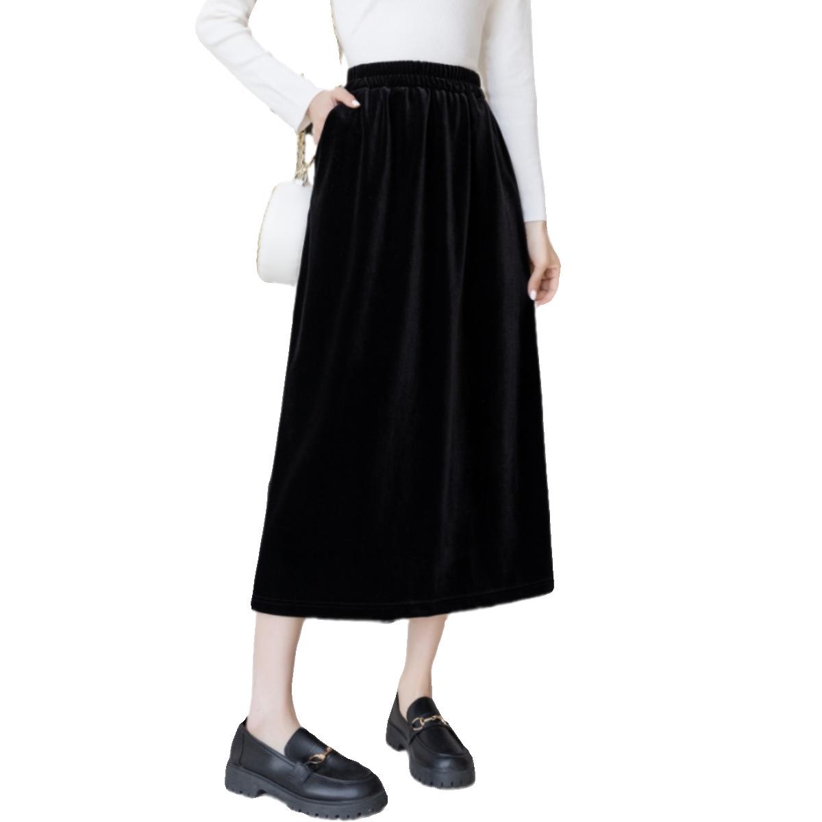 Black Gold Velvet Women s High Waist A-Line Skirt, Plus Size, Mid-Length, Slimming, Spring/Autumn 2026 Collection. XL (130-145 lbs)