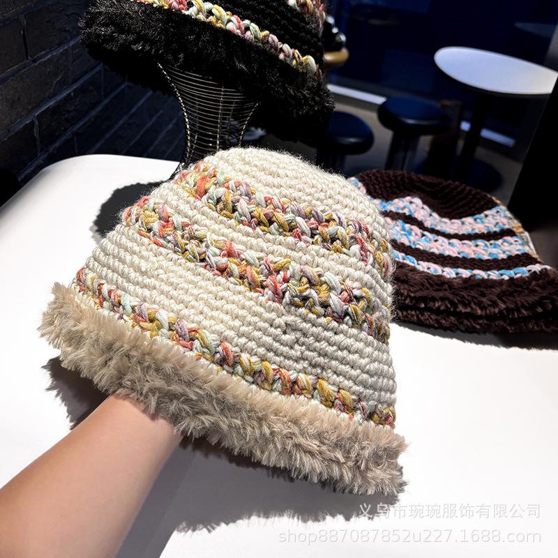 Bohemian style color woven plush edge basin hat women's autumn and winter thickened warm knitted sweet face small bucket hat