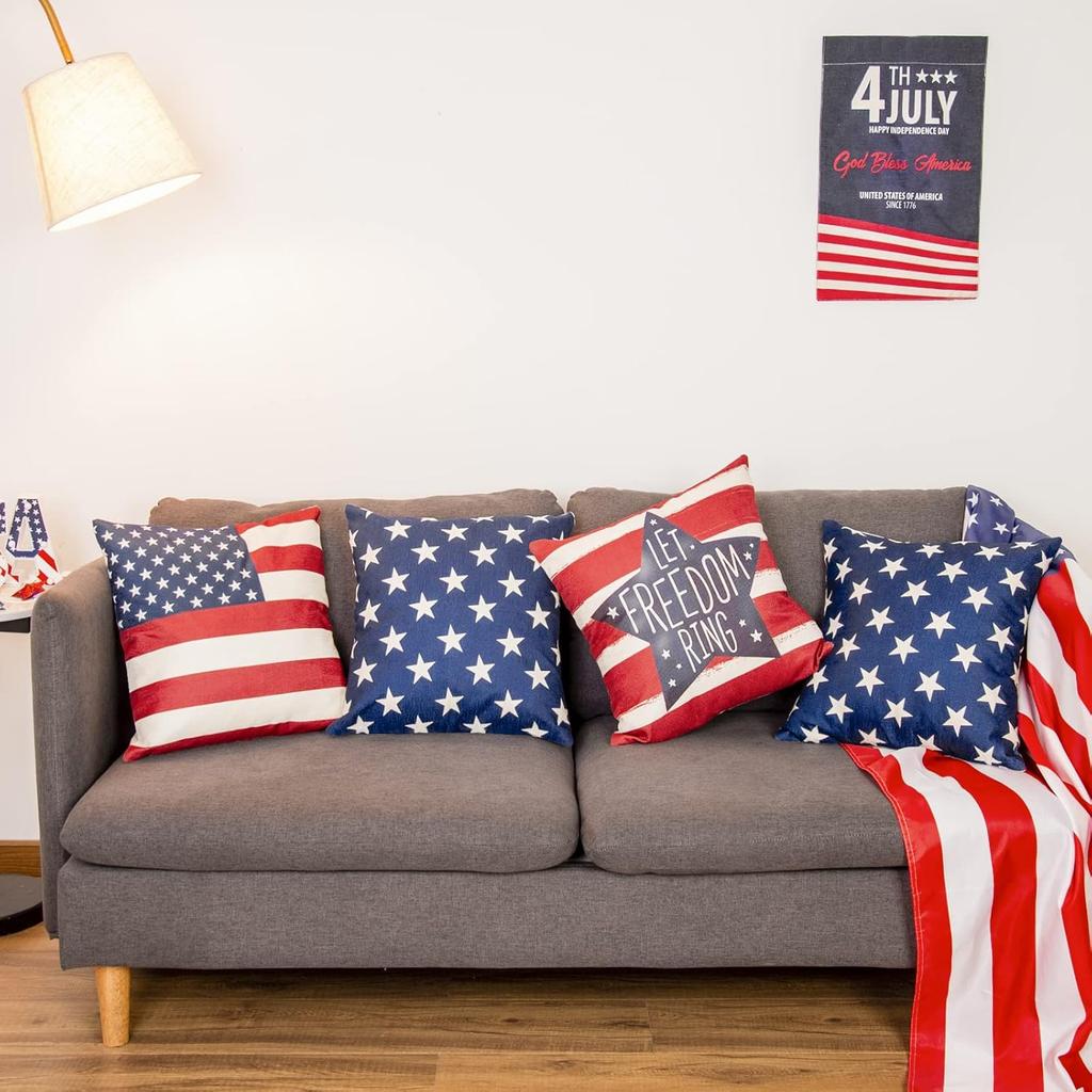 DUZXLCQ 4th of July Decorations Pillow Covers 18x18 inch Set of 4 Independence Day Patriotic Throw Pillow Case n Flag Stars and Stripes Cushion Case