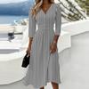 Women's Casual Striped V Neck Dress with Three Quarter Sleeves Back Zipper Midi Length Comfortable Fit