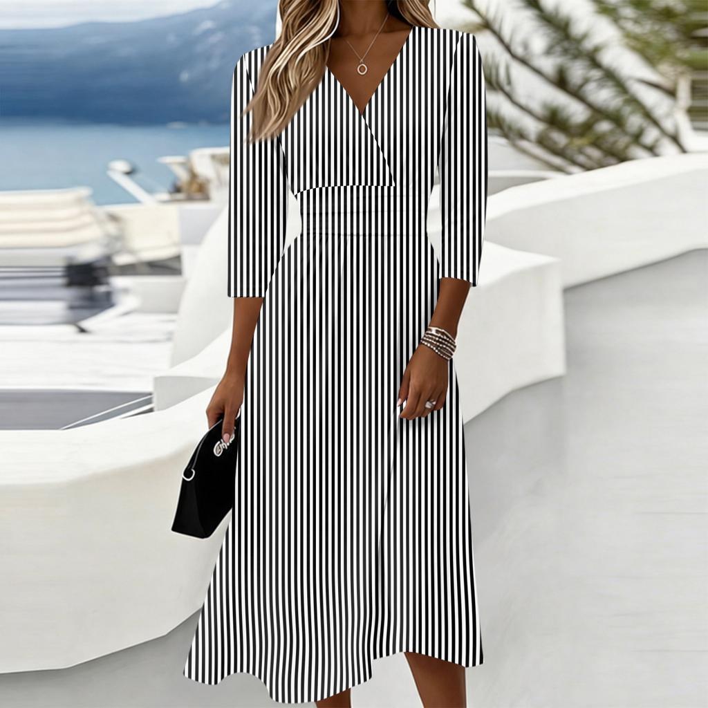 Women's Casual Striped V Neck Dress with Three Quarter Sleeves Back Zipper Midi Length Comfortable Fit