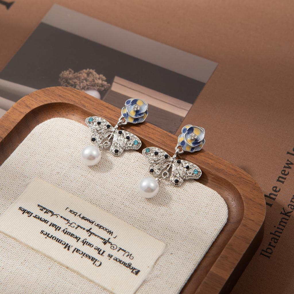 Premium Color Flower Diamond Butterfly Tassel Pearl Earrings Super Fairy Gentle Sweet Fairy Wind Earrings