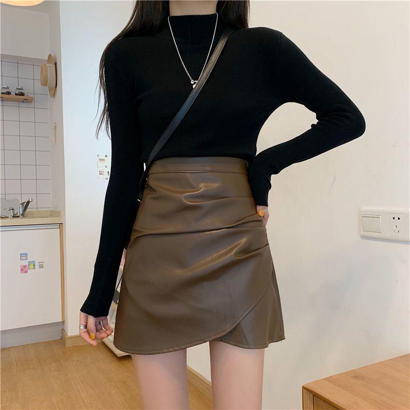 

2024 Autumn Women s High Waist Slimming PU Leather A-line Bodycon Skirt S