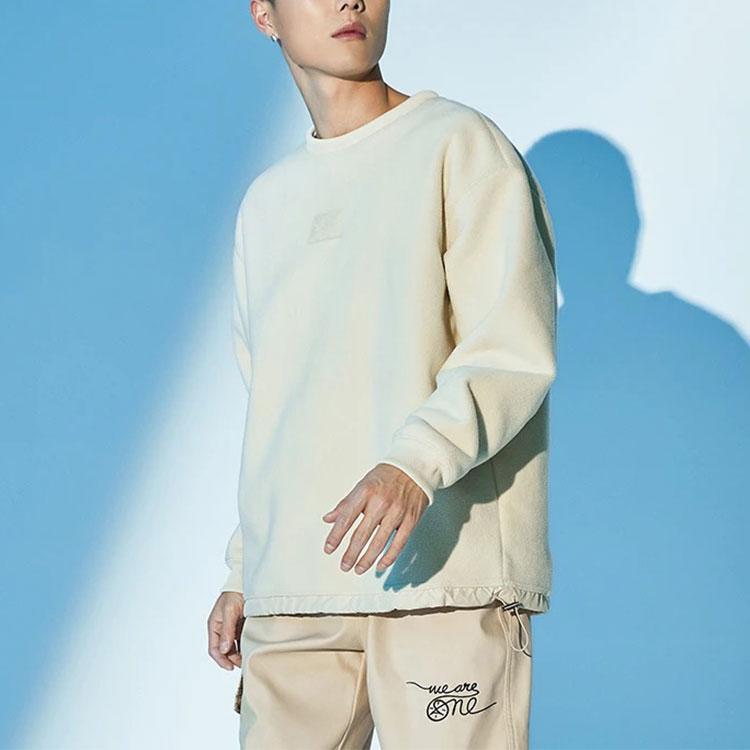 Li Ning X Artist DFT Collaboration Wade Series Fun Pattern Loose Fleece Warm Crewneck Sweatshirt Winter Unisex Sweatshirt Khaki AWDRE75-2