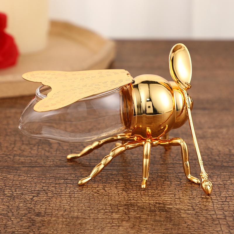 Elegant European-Style Gold Bee Sugar Bowl with Spoon – High-End Metal Craft Kitchen Jar