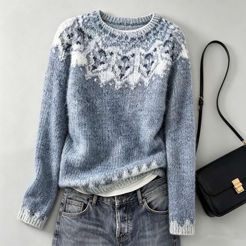 Women's European Retro Fair Isle Long Sleeve Color Block Knitted Sweater Top