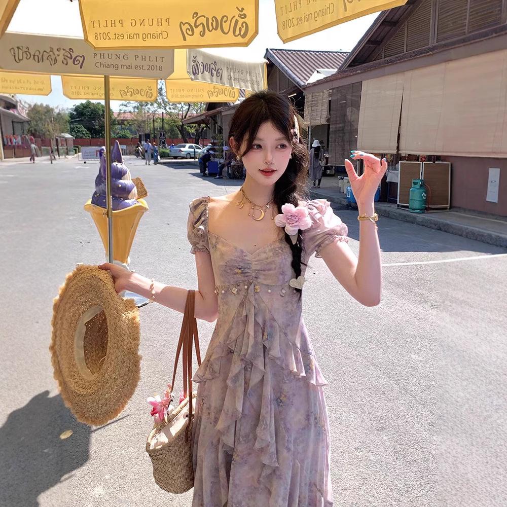 Super fairy temperament smudged princess dress summer travel vacation photo giant beauty thin ruffle edge floral dress