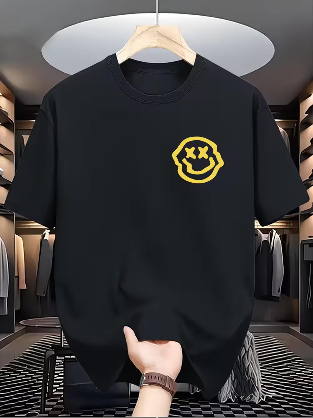 Men S Casual Crew Neck T-Shirt with Happy Face Print XXL