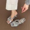 Fashion Women Crystal High Heels Slippers Luxury Sexy Sandals Square Toe Shoes Summer 2025 New Designer Party Shoes Open Toe Flip Flops
