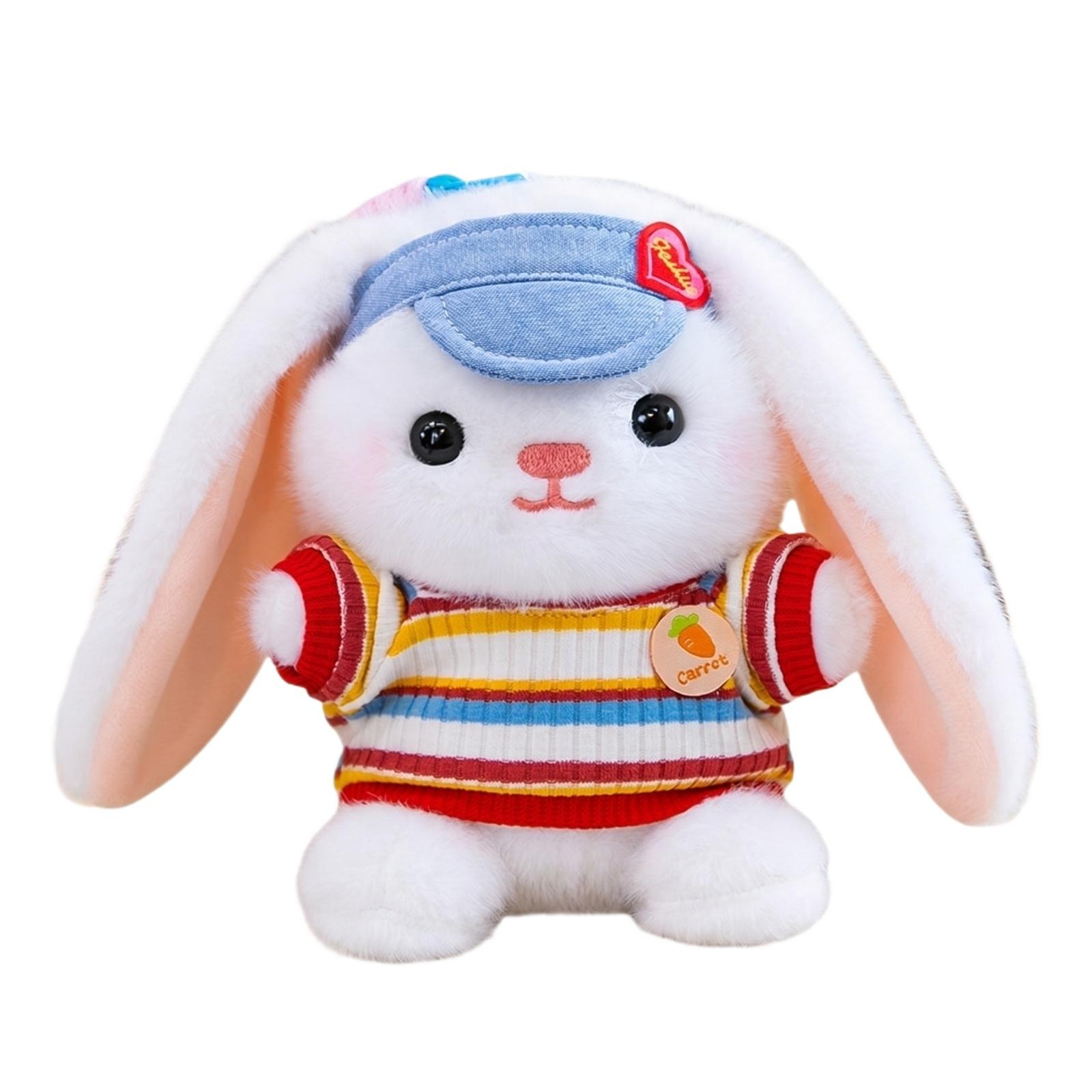 

Plush Bunny Doll Stuffed Animal Desk Companion Soft Rabbit Toy with Striped Sweater and Hat for Office Home Decoration Gift One Size
