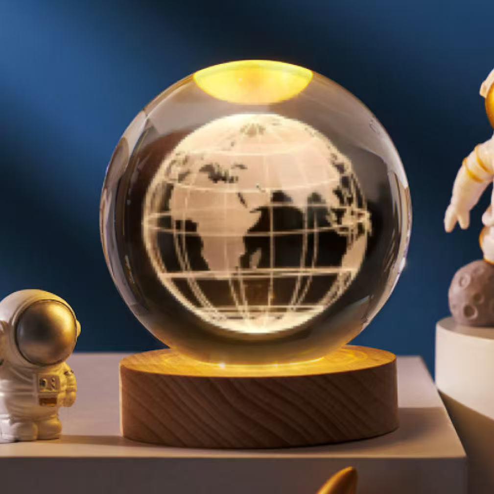 3D Galaxy Carved Crystal Ball Night Light with Wooden Base - Luminous Ornament Birthday Gift