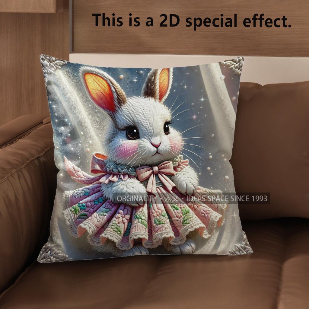 2D Cute Bunny Dressed In Floral Dress Cushion Covers Pattern Cushion Cover Suitable For Sofa Bedroom Car Pillow Cover