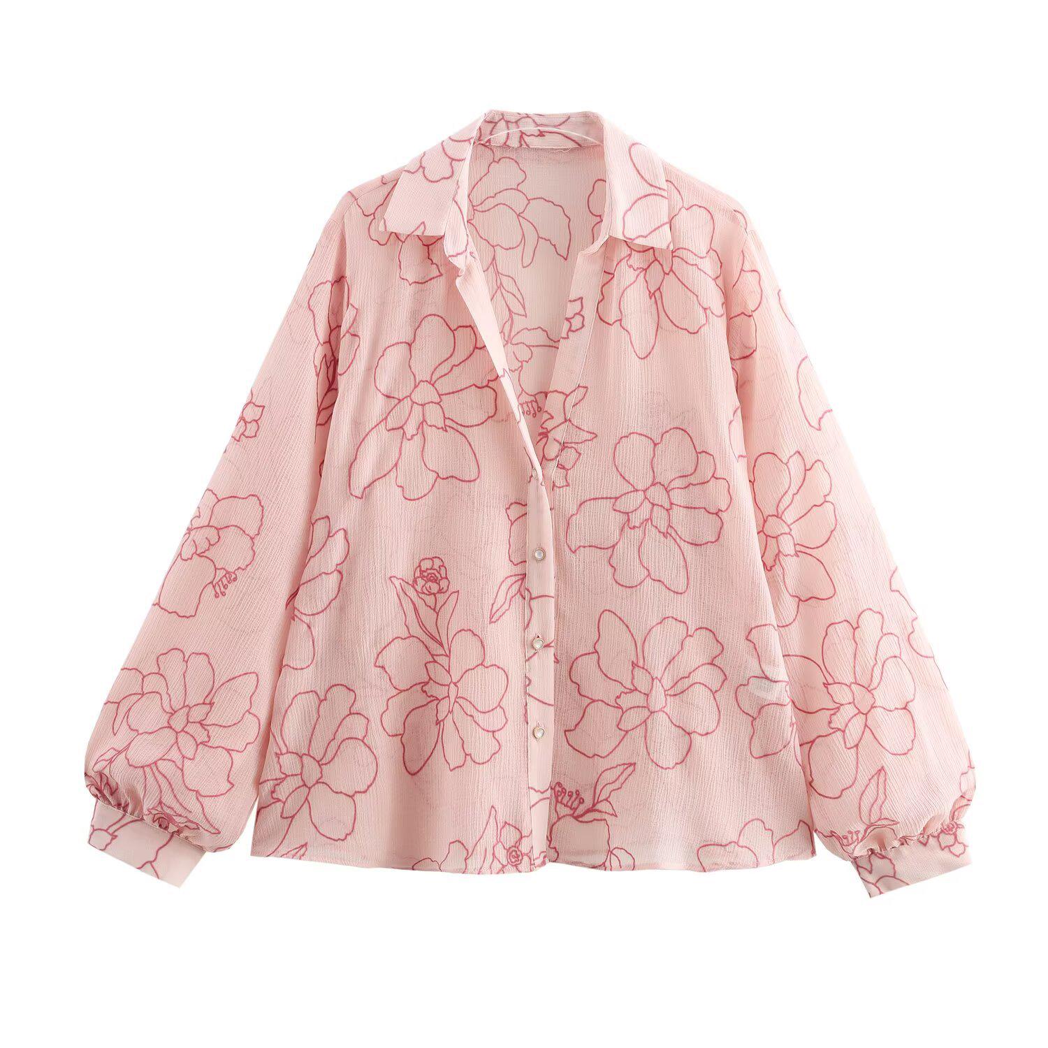

2025 Spring V-Neck Floral Print Women s Top - Loose Fit, Long Sleeve M розовый