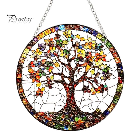 Leichtes Dekoratives Kunstobjekt Acryl-Fensteraufhänger im Buntglas-Stil, Lebensbaum & Winterwald Bunter Hängeornament Runder Sonnensammler