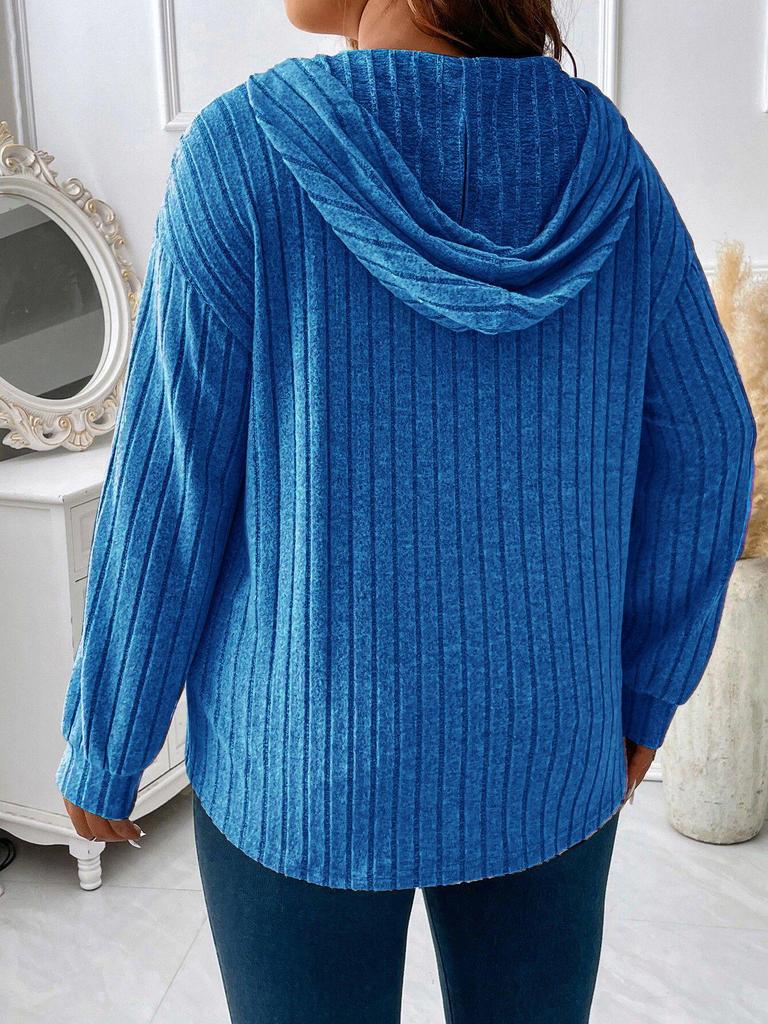 2025 Autumn/Winter V-Neck Plus Size Women's Hooded Ribbed Long Sleeve T-Shirt