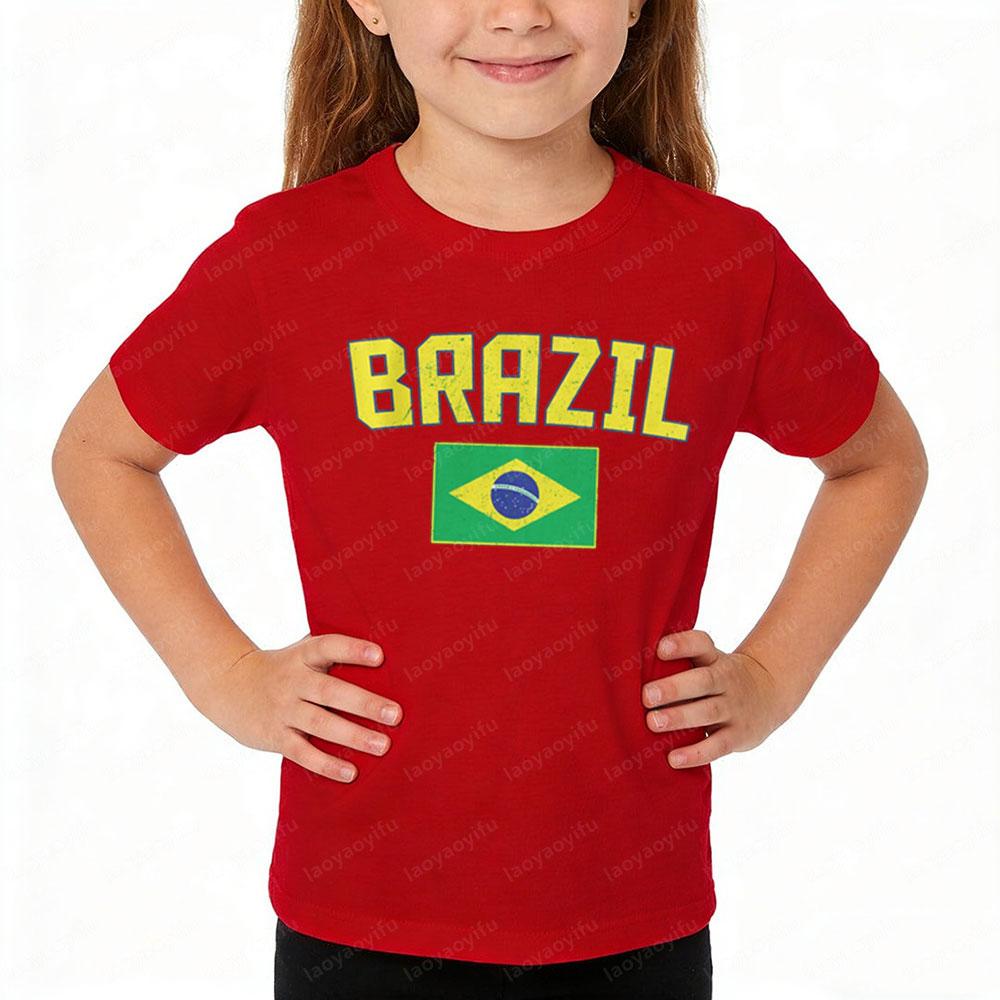 Brazil Flag Retro Style Graphic Children Shirt Kid Boys and Girls Summer Cotton Short Sleeve Little Soccer Fan Casual Daily Wear