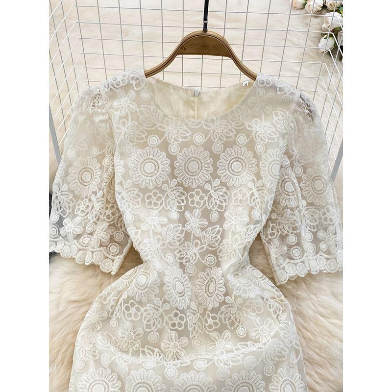 Accessible Luxury Summer Bubble Embroider Lace Dress Short Sleeve