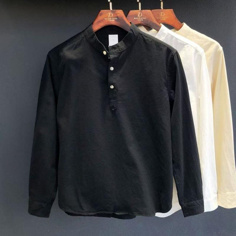 Men Linen Blend Henley Shirt Long Sleeve Stand Collar Half Button Casual Shirt for Men S чёрный