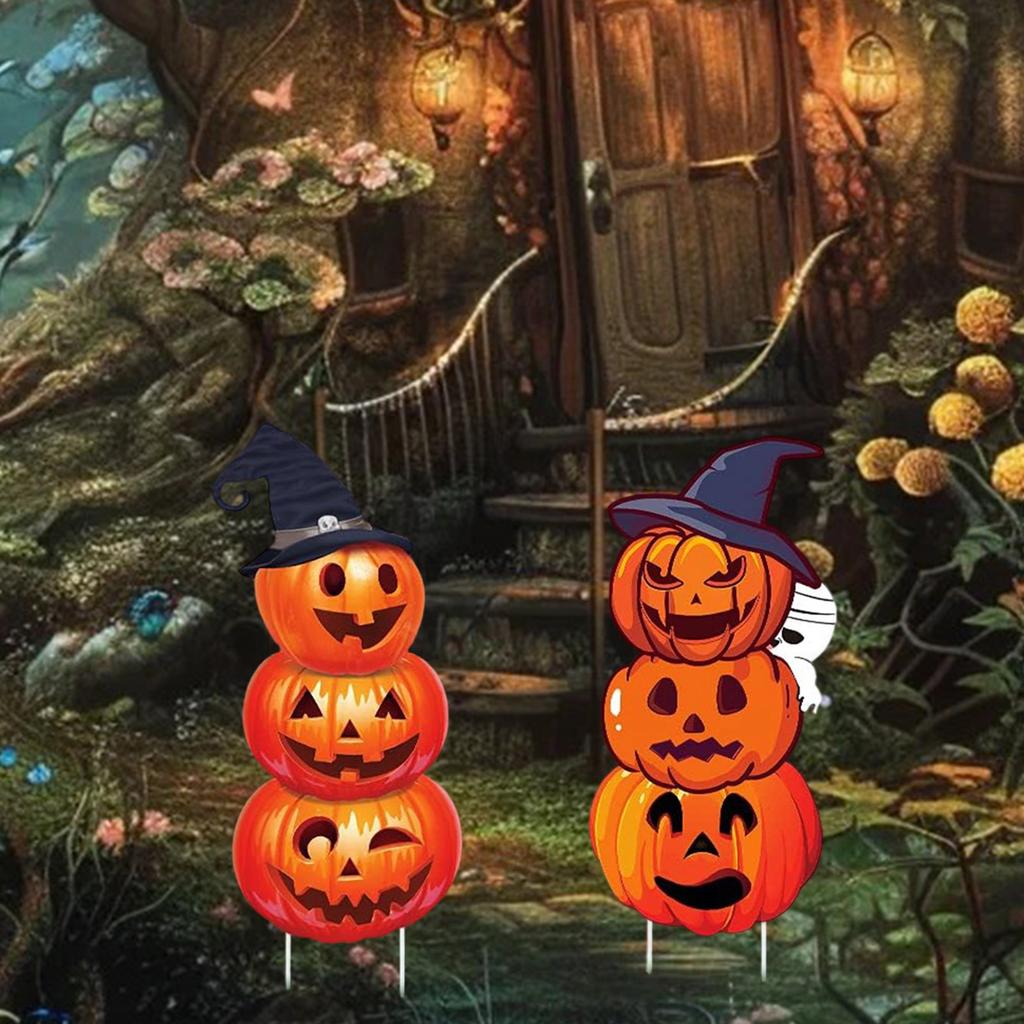 Halloween Pumpkin Stack Yard Signs with Spooky Witch Hats for Outdoor Party Decor - Set of 2 Pieces