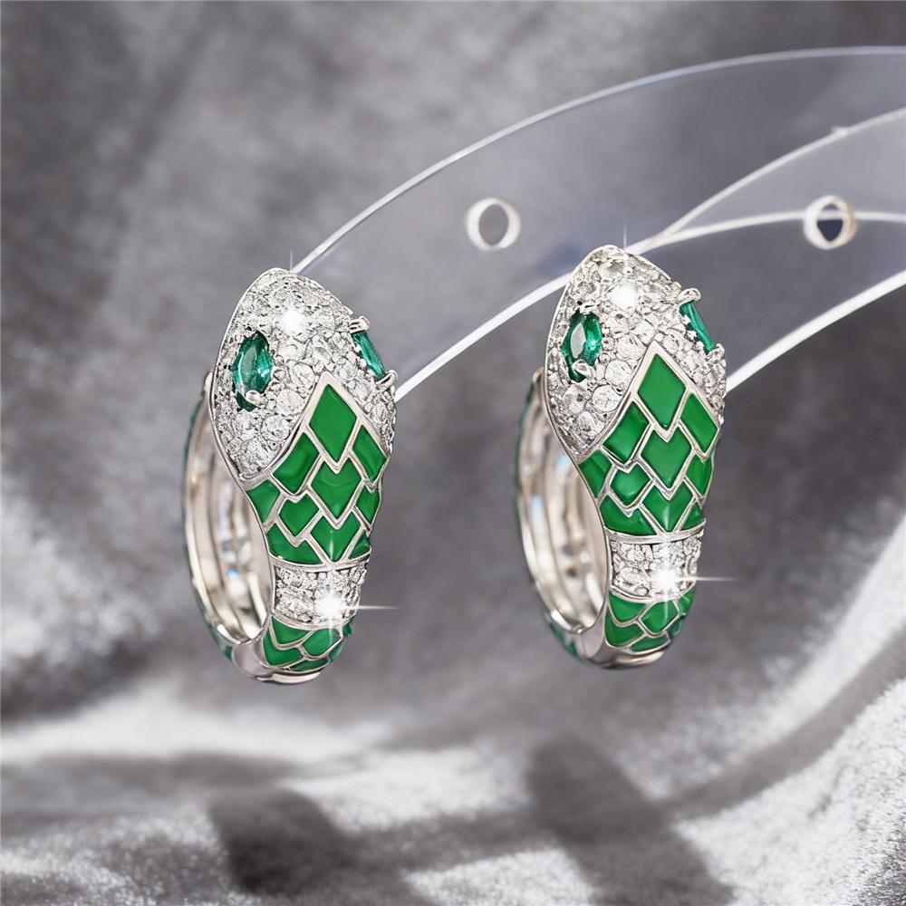Female White Green Zircon Stone Snake Animal Hoop Earrings Vintage Fashion Silver Color Wedding For Women