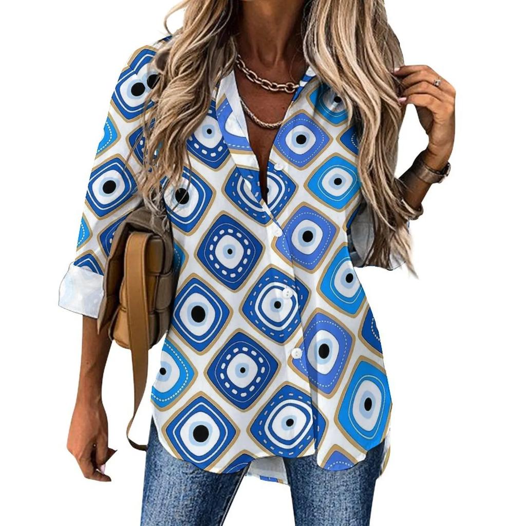 Women Street Fashion Shirt Abstract Evil Eye Casual 2025 New Spring and Autumn Blouse Long Sleeve Vintage Print Office Blouses