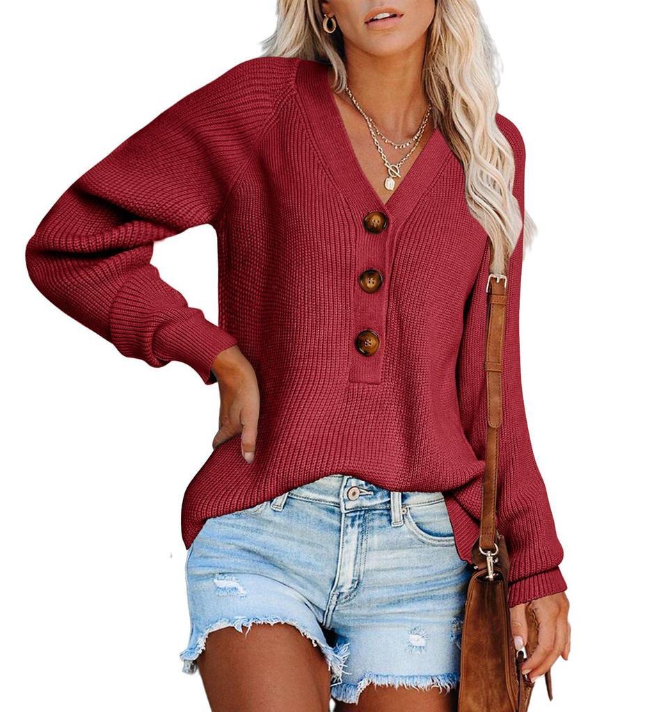 Autumn Winter Women's Button Front Knitted Pullover V Neck Sweater Long Sleeved Knitwear Luxurious Relaxed-fit Slimming and Versatile Top