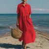 European and American New Women's Long Dress Casual Loose Lapel Button Pleated Short Sleeve Cotton and Linen Dress Women