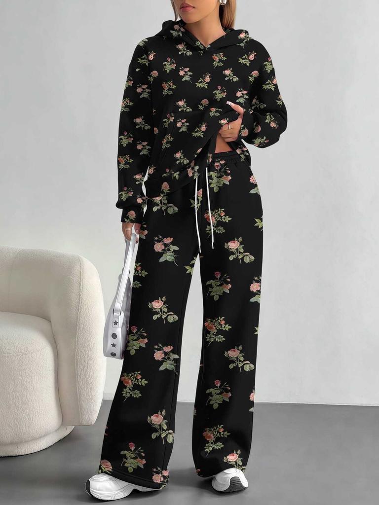 Pink Cherry Print European and American Autumn and Winter Casual Long-sleeved Suit Women's Hooded Sweater Trousers Two-piece Set