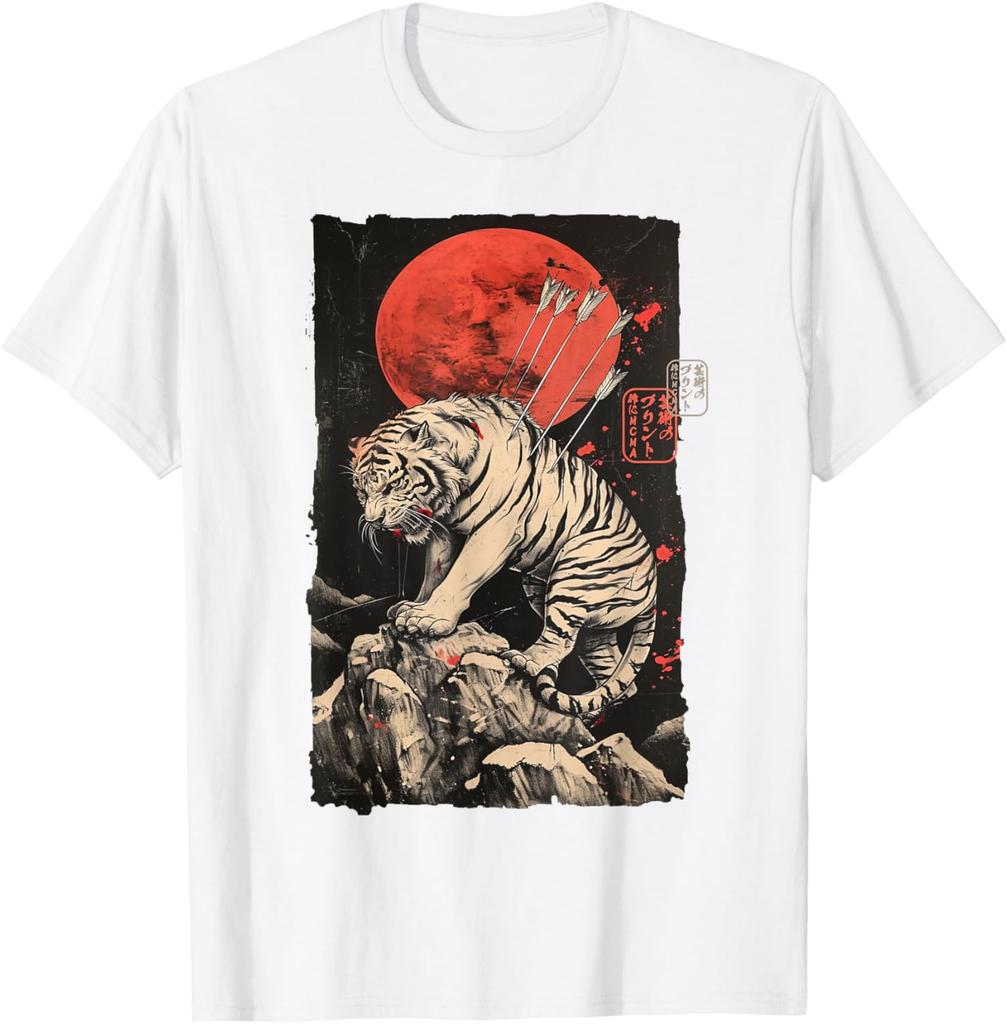 Wounded Tiger with Arrows Japanese Art Graphic Tee Mens Casual Round Neck TShirt Breathable Print