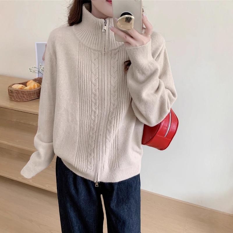 Autumn and winter new simple stand-up collar twist double zipper knitted cardigan women's loose lazy sweater jacket