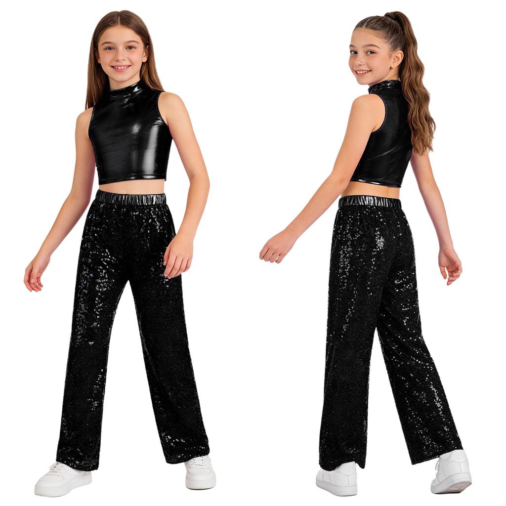 Kids Jazz Dance Costume Sleeveless Mock Neck Metallic Top and High Waist Sparkle Sequin Pants for Stage Competition