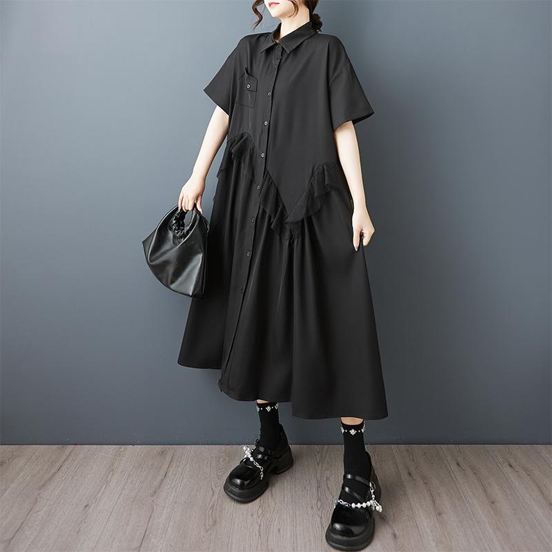 Dimanaf Plus Size Loose Dress Blouse Women 2025 Lace Spliecd Buttons New Summer Style Black Shirt Dress