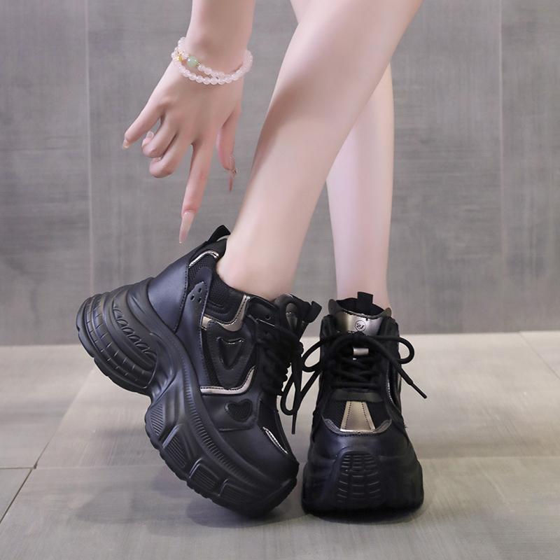 Fashion 10CM Women Casual Leather Shoes New Autumn Breathable Mesh Chunky Sneakers Street Height Increased Shoes Thick Platform Sneakers