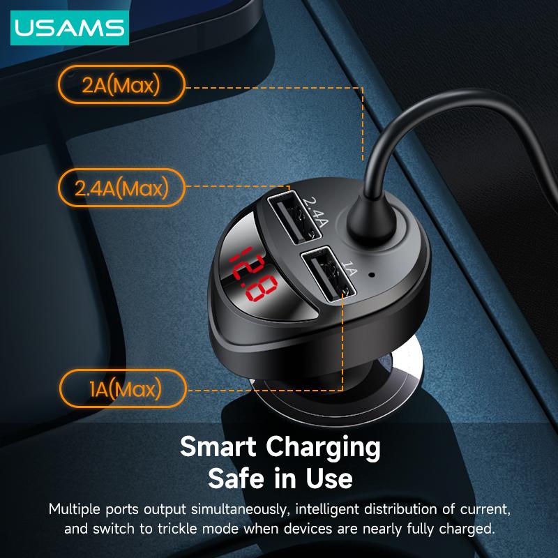 USAMS 3.4A LED Digital Display Car Charger With 3 In 1 Cable Dual USB Phone Charger For iPhone iPad Xiaomi Huawei Samsung Tablet