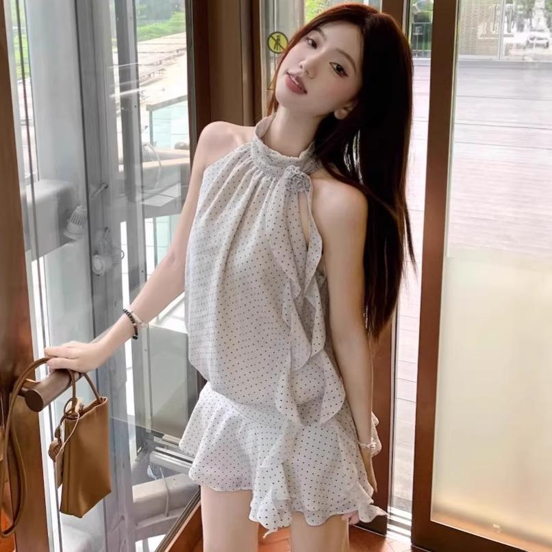 French Atmosphere Polka Dot Dress Women's Summer New Sleeveless Neck Short Skirt Temperament Spice Girl Slim Fit Skirt