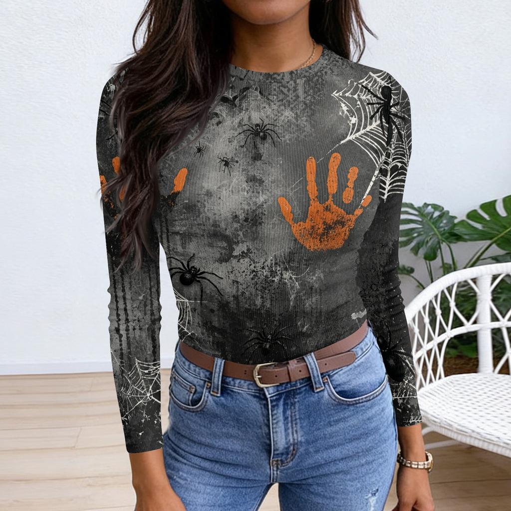 Womens Halloween Print Long Sleeve T Shirt Slim Fit Round Neck Casual Stretchy Basic Top for Autumn Winter