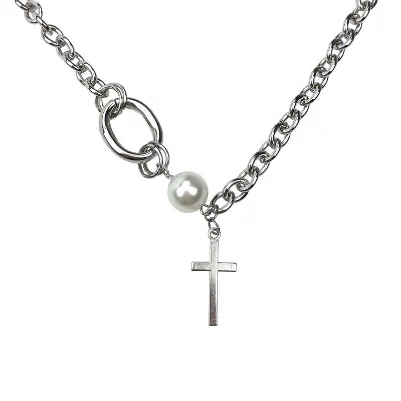 

Pearl Cross Double Stacked Necklace ins Hip Hop Cold Wind Neck Chain Sweater Chain Tide