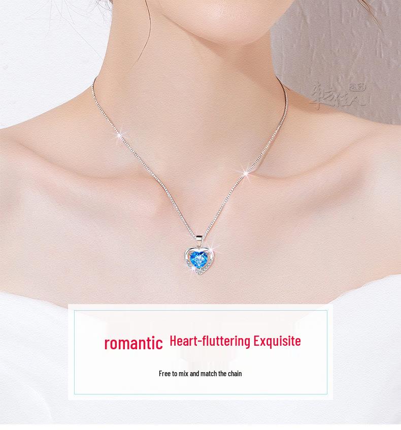 S925 Sterling Silver Ocean Heart Pendant Necklace with Rhinestones – Light Luxury Fashion for Women