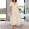 Puff Sleeve Vacation Dress For Women Summer  Deep V Neck Casual Short Sleeve A-Line Maxi Dresses