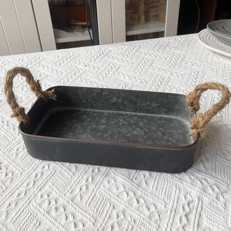 

Железное искусство в стиле ретро, домашняя мебель, подносы для хранения, квадратные, для фруктов, еды, с двойными ручками, тарелка, металлический поднос, реквизит для декора фотографий