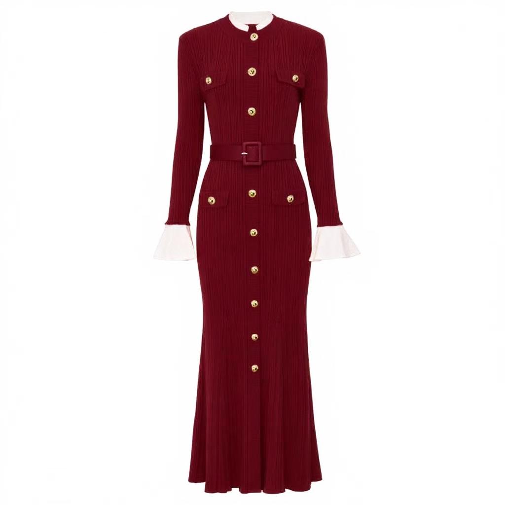 Quality Spot Spring and Autumn New Long Sleeve Crew Neck Belt Knitted Versatile Slim Skinny Long Dress 25144