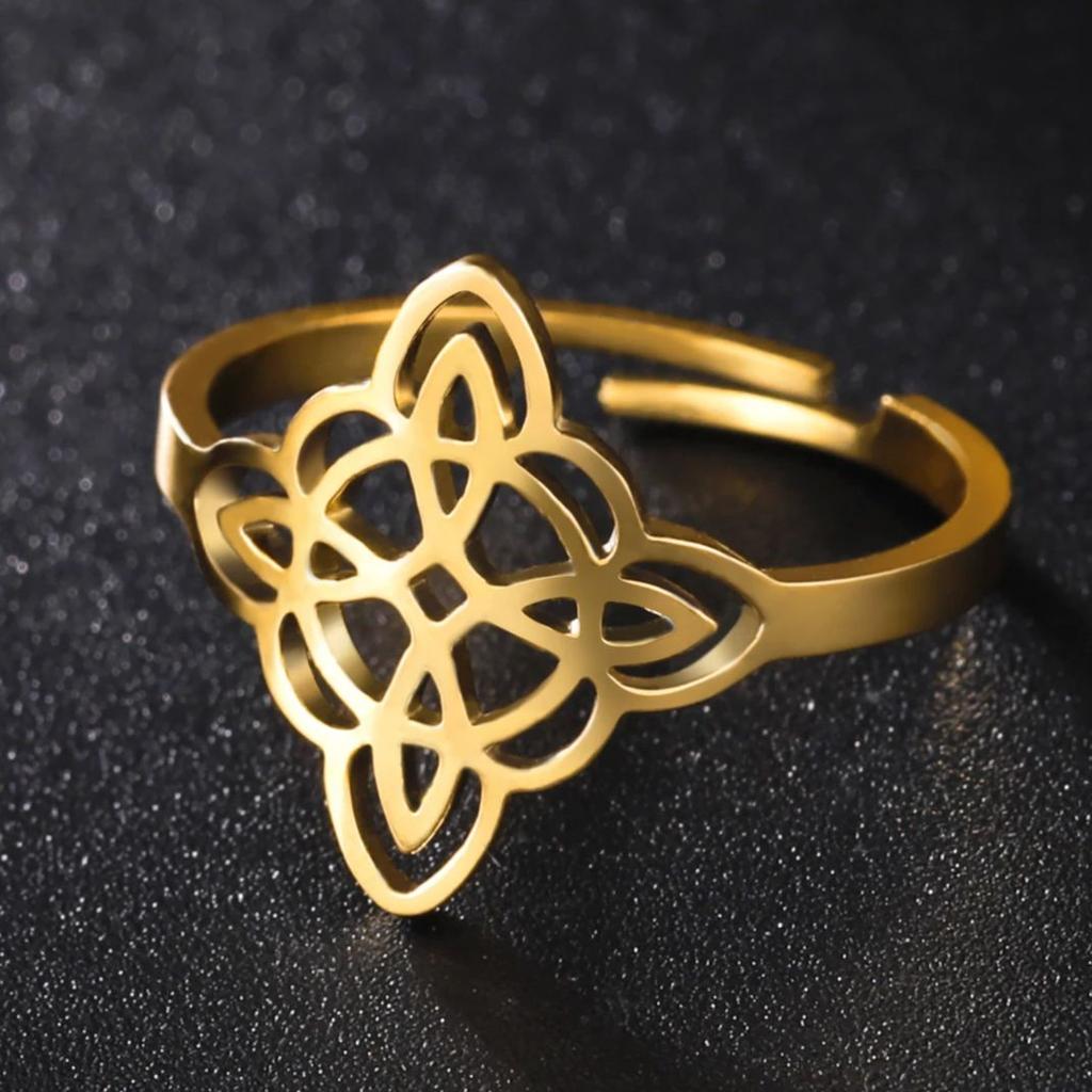 LIKGREAT Hollow Trinity Witch Knot Adjustable Ring for Women Men Stainless Steel Celtics Knot Amulet Couple Jewelry BirthdayGift