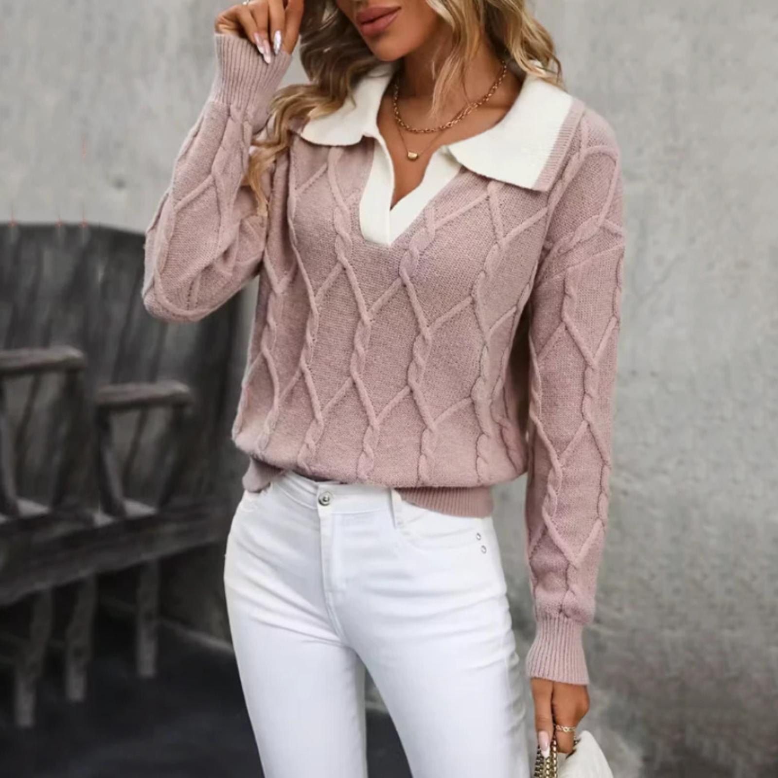 

Women s Fashion Lapel Long Sleeve Contrast Color Knitted Sweater XL розовый
