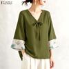 ZANZEA Women Elegant Casual V-Neck Pring Splice 3/4 Sleeve Loose Blouse